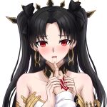  1boy 1girl bangs black_bow black_hair blush bow breasts chinese_commentary commentary_request earrings eyebrows_visible_through_hair fate/grand_order fate_(series) fujimaru_ritsuka_(male) hair_bow highres holding_hands hoop_earrings ishtar_(fate) jewelry large_breasts long_hair looking_at_viewer parted_bangs pov red_eyes saliva saliva_trail simple_background solo_focus two_side_up upper_body white_background yeklsa 