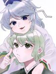  2girls blue_eyes cheek_poking dress eyebrows_visible_through_hair green_dress green_hair grey_hair hat head_on_head head_rest highres japanese_clothes kariginu mononobe_no_futo multiple_girls oishiinori_1248 open_mouth poking ribbon-trimmed_sleeves ribbon_trim simple_background soga_no_tojiko tate_eboshi touhou white_background wide_sleeves 