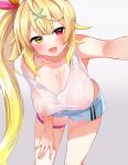  1girl :d absurdres bangs bare_arms bare_shoulders bent_over blonde_hair blue_shorts blush breasts cleavage collarbone eyebrows_visible_through_hair feet_out_of_frame festa11307070 gradient gradient_background hair_ornament hanging_breasts heterochromia highres hoshikawa_sara large_breasts long_hair looking_at_viewer nijisanji nipples no_bra open_mouth outstretched_arm red_eyes selfie shirt short_shorts shorts side_ponytail sidelocks simple_background skindentation sleeveless sleeveless_shirt smile solo standing thigh_strap very_long_hair virtual_youtuber white_background white_shirt x_hair_ornament yellow_eyes 