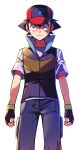  1boy ash_ketchum baseball_cap black_gloves black_hair closed_mouth commentary_request fingerless_gloves frown gloves grey_pants hat highres looking_at_viewer male_focus pants pokemon pokemon_(anime) pokemon_dppt_(anime) red_headwear shirt short_hair short_sleeves simple_background solo standing tuze111 white_background white_shirt yellow_eyes 