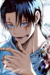  1boy absurdres bangs black_hair blood dmsco1803 facial_tattoo forehead highres inumaki_toge jewelry jujutsu_kaisen male_focus okkotsu_yuuta parted_bangs ring tattoo tongue_tattoo wedding_band 