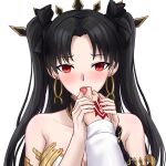  1boy 1girl bangs black_bow black_hair blush bow breasts chinese_commentary commentary_request earrings eyebrows_visible_through_hair fate/grand_order fate_(series) finger_in_another&#039;s_mouth fujimaru_ritsuka_(male) hair_bow highres holding_hands hoop_earrings ishtar_(fate) jewelry large_breasts licking licking_finger long_hair looking_at_viewer parted_bangs pov red_eyes simple_background solo_focus two_side_up upper_body white_background yeklsa 