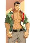  1boy abs akihiro_altland bara belt black_eyes black_hair dark-skinned_male dark_skin gundam gundam_tekketsu_no_orphans hands_in_pockets large_pectorals looking_at_viewer male_focus muscular muscular_male navel open_clothes open_shirt pectorals short_hair smile solo thick_eyebrows tofu_(tofulabo) 