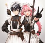  2boys absurdres alternate_costume astolfo_(fate) black_gloves black_hair blue_eyes bow braid charlemagne_(fate) dog_tags enmaided explosive eyebrows_visible_through_hair fang fate/grand_order fate_(series) gloves grenade hair_between_eyes hair_bow happy highres holster long_hair looking_at_viewer maid maid_headdress male_focus multiple_boys open_mouth otoko_no_ko pink_hair puffy_short_sleeves puffy_sleeves purple_eyes short_sleeves signature siya_ho smile v white_gloves 