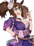  animal_ears aqua_eyes breasts brown_hair chest_sarashi cleavage fang from_side hand_on_hip hand_puppet horse_ears horse_girl horse_tail inari_one_(umamusume) japanese_clothes kimono kouri_yuni large_breasts light_blush looking_at_viewer mask mask_on_head obi open_mouth oppai_loli puppet sarashi sash scrunchie short_twintails simple_background smile tail twintails umamusume white_background wrist_scrunchie yukata 