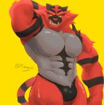  abs absurd_res anthro biceps big_muscles bulge clothing felid fur hi_res incineroar male mammal muscular muscular_anthro muscular_male nintendo pecs pok&eacute;mon pok&eacute;mon_(species) pubes red_body red_fur robinmg_45 simple_background solo teeth underwear video_games 