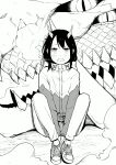  absurdres aoki_ruri arms_between_legs bangs blush dragon dragon_girl dragon_horns extra_eyes fangs greyscale hatching_(texture) highres hood hoodie horns jacket knees_up linear_hatching looking_at_viewer lossy-lossless medium_hair monochrome on_ground open_mouth own_hands_together pants parted_bangs print_hoodie ruri_dragon shoes sitting slit_pupils smoke sneakers spoilers third-party_edit tsunamayo_(flying_cat) v_arms 