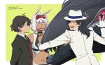  1girl 2boys :d ^_^ animal_ears arms_behind_back asaya_minoru bangs bare_shoulders black_hair black_jacket black_necktie breasts caenis_(fate) caenis_(swimsuit_rider)_(fate) cleavage closed_eyes collared_shirt commentary_request constantine_xi_(fate) dark-skinned_female dark_skin earrings english_text eyebrows_visible_through_hair fate/grand_order fate_(series) formal gloves goggles goggles_on_head green_background grey_hair hair_between_eyes hat jacket jewelry koha-ace long_hair long_sleeves medium_breasts multiple_boys navel necktie oryou_(fate) profile purple_eyes red_vest sakamoto_ryouma_(fate) shirt smile suit sweat twitter_username two-tone_background very_long_hair vest white_background white_gloves white_headwear white_jacket white_shirt 