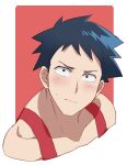  1boy aikawa_fudou black_hair blush brown_eyes collarbone highres keroroblack koi_wa_sekai_seifuku_no_ato_de looking_at_viewer male_focus red_background short_hair sweatdrop tank_top worried 