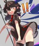  ! !! 1girl asymmetrical_wings black_dress black_hair black_legwear blue_wings blush bow bowtie breasts buttons cowboy_shot dress dress_tug fangs holding holding_polearm holding_weapon houjuu_nue looking_down open_mouth pointy_ears polearm red_bow red_bowtie red_eyes red_wings short_dress short_hair short_sleeves solo surprised thighhighs tomoe_(symbol) touhou trident uisu_(noguchipint) weapon wings 