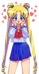  1girl :d bangs bishoujo_senshi_sailor_moon blonde_hair blue_eyes blush brooch double_bun drill_hair hair_bun hands_on_own_cheeks hands_on_own_face hands_up highres jewelry juuban_middle_school_uniform long_hair long_sleeves looking_at_viewer neck_ribbon open_mouth parted_bangs pleated_skirt q_yan31 ribbon school_uniform serafuku skirt smile solo triangle_mouth tsukino_usagi twintails very_long_hair 