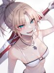  1girl absurdres bambi-25 bangs bare_shoulders blonde_hair braid breasts collarbone commentary_request eyebrows_visible_through_hair eyes_visible_through_hair fangs fate/grand_order fate_(series) from_above grey_background hair_ornament hair_scrunchie highres holding holding_weapon medium_breasts mordred_(fate) navel open_mouth parted_bangs ponytail red_scrunchie scrunchie shiny shiny_hair simple_background smile solo stomach sword teeth tongue weapon 
