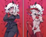  1girl absurdres black_horns black_suit black_tail breasts cameltoe commentary covered_nipples demon_girl demon_horns demon_tail english_commentary formal heart heart-shaped_pupils helltaker highres horns large_breasts lying modeus_(helltaker) navel on_back pantyhose red_eyes red_legwear red_sweater red_swimsuit ribbed_sweater shiny shiny_hair shiny_skin short_hair slingshot_swimsuit slugbox solo suit sweater swimsuit symbol-shaped_pupils tail thighhighs white_horns 