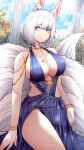  1girl absurdres animal_ear_fluff animal_ears azur_lane bangs blue_dress blurry blurry_background blush bracelet breasts cleavage closed_mouth commentary_request dress eyebrows_visible_through_hair eyeshadow fox_ears fox_tail highres jewelry kaga_(azur_lane) kaga_(exalted_white_wings)_(azur_lane) large_breasts looking_at_viewer makeup official_alternate_costume samip smile tail thighs tree white_hair 