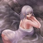  1girl ass back bangs bathing breasts chinese_commentary closed_mouth commentary_request cowboy_shot eyebrows_visible_through_hair green_eyes grey_hair hair_between_eyes highres hololive huge_breasts looking_at_viewer medium_hair mole mole_on_breast naked_towel onsen shirogane_noel smile solo towel virtual_youtuber water yeklsa 
