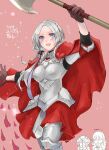  2girls alternate_costume alternate_hairstyle armor bangs boobplate breastplate breasts byleth_(fire_emblem) byleth_(fire_emblem)_(female) cape cleavage closed_mouth edelgard_von_hresvelg embarrassed fire_emblem fire_emblem:_three_houses fire_emblem_warriors:_three_hopes gloves hair_ornament heart long_hair long_sleeves looking_at_viewer multiple_girls official_alternate_costume official_alternate_hairstyle open_mouth partially_translated purple_eyes robaco simple_background skirt smile translation_request weapon white_hair yuri 