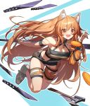  1girl :d absurdres animal_ear_fluff animal_ears arknights armband axe bangs bare_arms bare_shoulders breasts ceobe_(arknights) ceobe_(summer_flowers)_(arknights) cleavage fang highres infection_monitor_(arknights) knife long_hair medium_breasts mo_ying_yu official_alternate_costume open_mouth orange_hair red_eyes shoes skin_fang smile sneakers solo thigh_strap thighs very_long_hair weapon 