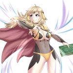  1girl absurdres ahoge bangs blonde_hair bodystocking book breasts cape circlet cleavage closed_mouth covered_navel fire_emblem fire_emblem_fates grey_eyes hair_flowing_over hayato_stuff highres holding holding_book holding_weapon long_hair looking_to_the_side magic medium_breasts ophelia_(fire_emblem) panties underwear upper_body weapon yellow_panties 