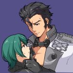  2boys balthus_von_albrecht black_hair blue_eyes blue_hair blush brown_eyes byleth_(fire_emblem) byleth_(fire_emblem)_(male) fire_emblem fire_emblem:_three_houses garreg_mach_monastery_uniform green_hair highres male_focus multiple_boys open_mouth pectoral_cleavage pectorals short_hair simple_background smile subasame sweatdrop uniform yaoi 