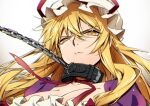  1girl bangs blonde_hair breasts bright_pupils chain cleavage closed_mouth hat kirisita large_breasts long_hair looking_at_viewer mob_cap simple_background solo touhou upper_body white_background white_headwear white_pupils yakumo_yukari yellow_eyes 