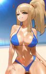  1girl absurdres bangs beach bikini blonde_hair blue_bikini blush breasts cleavage cookiedusty eyebrows_visible_through_hair green_eyes grin high_ponytail highres large_breasts lens_flare long_hair looking_at_viewer metroid mole mole_under_mouth outdoors ponytail samus_aran shiny shiny_skin simple_background smile solo swimsuit 