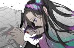  1-bard 2girls bangs black_hair blood blood_from_mouth breasts butterfly_hair_ornament closed_mouth colored_tips commentary_request crying crying_with_eyes_open demon_slayer_uniform hair_ornament hand_on_another&#039;s_shoulder haori japanese_clothes kimetsu_no_yaiba kochou_kanae kochou_shinobu large_breasts long_hair long_sleeves multicolored_hair multiple_girls parted_bangs purple_eyes purple_hair short_hair siblings sidelocks simple_background sisters tears very_long_hair white_background wide_sleeves worried 