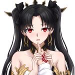  1boy 1girl bangs black_bow black_hair blush bow breasts chinese_commentary commentary_request earrings eyebrows_visible_through_hair fate/grand_order fate_(series) fujimaru_ritsuka_(male) hair_bow highres holding_hands hoop_earrings ishtar_(fate) jewelry large_breasts long_hair looking_at_viewer parted_bangs pov red_eyes simple_background solo_focus two_side_up upper_body white_background yeklsa 