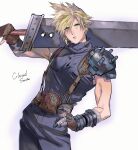  1boy aqua_eyes armor asymmetrical_hair bandaged_arm bandages belt blonde_hair blue_pants blue_shirt buster_sword character_name cloud_strife earrings final_fantasy final_fantasy_vii fingerless_gloves gloves hand_on_hip highres jewelry male_focus mikuroron muscular muscular_male over_shoulder pants parted_lips shirt short_hair shoulder_armor single_earring sleeveless sleeveless_turtleneck solo spiked_hair suspenders turtleneck upper_body weapon weapon_over_shoulder white_background 