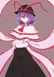  1girl :/ ascot bangs black_headwear black_skirt bow brown_background capelet closed_mouth frilled_shawl frills hat hat_bow highres kakone long_sleeves looking_at_viewer nagae_iku one-hour_drawing_challenge purple_hair red_ascot red_bow red_eyes shawl shirt short_hair simple_background skirt solo standing touhou white_capelet white_shirt 