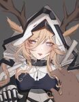  1girl 1other :p absurdres animal_ears antlers_through_headwear arknights ascter bangs black_dress blonde_hair blue_eyes breasts cape deer_antlers deer_ears deer_girl doctor_(arknights) dress ears_through_headwear eyebrows_visible_through_hair gauntlets grey_background hair_between_eyes highres hood hood_up hooded_cape large_breasts long_hair looking_at_viewer lying on_back on_stomach pov simple_background tongue tongue_out upper_body viviana_(arknights) white_cape 