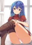  1girl bangs blue_eyes blue_hair boots breasts brown_footwear caeda_(fire_emblem) closed_mouth commission curtains dress eyebrows_visible_through_hair feet_out_of_frame fire_emblem fire_emblem:_mystery_of_the_emblem frown indoors knees_up large_breasts long_hair looking_at_viewer panties red_dress short_dress short_sleeves skeb_commission solo thigh_boots thighs underwear undressing white_panties window yuzuruka_(bougainvillea) 