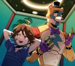  2boys arm_behind_head bandaid bandaid_on_cheek bandaid_on_face blue_shirt bow bowtie brown_hair child claws dirty dirty_clothes facepaint fangs five_nights_at_freddy&#039;s five_nights_at_freddy&#039;s:_security_breach freddy_fazbear frown fullbban_g glamrock_freddy glowing glowing_eyes gregory_(fnaf) hat highres light light_rays looking_to_the_side male_child mini_hat mini_top_hat multiple_boys nervous open_mouth orange_eyes robot shirt short_hair short_sleeves shoulder_pads striped striped_shirt sweat sweatdrop t-shirt teeth tongue top_hat wristband yellow_eyes 