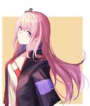  1girl 3_small_spiders absurdres bangs blue_eyes breasts closed_mouth commentary dress eyebrows_visible_through_hair from_side girls&#039;_frontline highres jacket long_hair looking_at_viewer open_clothes open_jacket pink_hair purple_jacket side_ponytail small_breasts solo st_ar-15_(girls&#039;_frontline) upper_body white_dress 