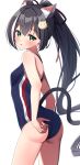  1girl :o alternate_hairstyle animal_ear_fluff animal_ears ass black_hair blue_swimsuit blush breasts cat_ears cat_hair_ornament cat_tail commentary_request competition_swimsuit extra_ears green_eyes hair_ornament hair_ribbon highres karyl_(princess_connect!) long_hair looking_at_viewer multicolored_hair one-piece_swimsuit ponytail princess_connect! red_ribbon ribbon simple_background small_breasts streaked_hair swimsuit syurimp tail white_background white_hair 