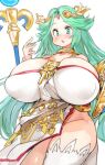  1girl armlet belt breasts chiton dress forehead_jewel huge_breasts jewelry kid_icarus laurel_crown multiple_belts palutena pendant sachito side_slit single_thighhigh solo strapless strapless_dress thighhighs tiara vambraces white_legwear 