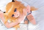  1boy 1girl arm_up bangs bed_sheet black_ribbon blonde_hair blue_eyes collarbone commission covering cuffs dokomon eyebrows_visible_through_hair fang girls&#039;_frontline glint hair_between_eyes hair_ribbon handcuffs holding holding_key jewelry key long_hair long_sleeves nude_cover open_mouth out_of_frame pillow ribbon ring super-shorty_(girls&#039;_frontline) two_side_up 