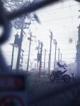  1girl animal_ears arknights black_hair commentary grass ground_vehicle highres jacket long_hair long_sleeves motor_vehicle motorcycle outdoors power_lines ryoya scenery solo texas_(arknights) tree utility_pole white_jacket wide_shot 