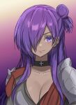  1girl armor asymmetrical_clothes bangs breasts choker cleavage closed_mouth fire_emblem fire_emblem:_three_houses fire_emblem_warriors:_three_hopes hair_bun hair_over_one_eye haniwa_(8241427) highres large_breasts long_hair looking_at_viewer purple_eyes purple_hair shez_(fire_emblem) shez_(fire_emblem)_(female) simple_background single_hair_bun solo 