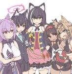  5girls :3 :d animal_ears bangs barcode bare_shoulders bell black_hair black_legwear blue_archive blush braid breasts bridal_gauntlets brown_hair cat_ears cat_girl cat_tail character_request closed_mouth coin collared_shirt cone_hair_bun cropped_legs crossed_arms crossover double_bun dress eyebrows_visible_through_hair fang genshin_impact gloves green_eyes hair_between_eyes hair_bun hair_ornament hairband halo highres honkai_(series) honkai_impact_3rd jacket karyl_(princess_connect!) keqing_(genshin_impact) korean_commentary large_breasts looking_at_another looking_at_viewer mihoyo_technology_(shanghai)_co._ltd. multicolored_hair multiple_girls neck_bell necktie open_mouth pardofelis_(honkai_impact) princess_connect! purple_hair red_eyes sbzkfl serika_(blue_archive) shirt short_shorts shorts simple_background skin_fang smile standing streaked_hair sweat tail thighhighs trait_connection zenless_zone_zero 