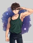  1boy armpits bangs blue_eyes brown_hair clenched_hand collarbone gundam gundam_wing heero_yuy looking_at_viewer male_focus muscular muscular_male salute short_hair sky star_(sky) starry_sky tank_top torakichi_(ebitendon) watercolor_background 