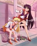  absurdres aino_minako beer_bottle bishoujo_senshi_sailor_moon blonde_hair blowing_smoke bow breasts choker cigarette circlet cleavage elbow_gloves energy_drink english_commentary forehead_jewel fritz_willie full_body gloves grey_eyes hair_bow high_heels highres hino_rei holding holding_cigarette inner_senshi leaning_on_object long_hair orange_choker orange_hair orange_sailor_collar out_of_character purple_eyes purple_hair red_choker red_footwear red_sailor_collar sailor_collar sailor_mars sailor_venus sitting smoke smoking tiara trash_can white_background 