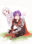  1boy armor arval_(fire_emblem) cape fire_emblem fire_emblem:_three_houses fire_emblem_warriors:_three_hopes gloves hair_over_one_eye highres medium_hair open_mouth purple_eyes purple_hair red_eyes shez_(fire_emblem) shez_(fire_emblem)_(male) short_hair simple_background smile white_hair yutohiroya 