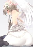  1girl 96nokimihito absurdres adjusting_hair angel_wings ass back black_legwear blue_archive blush brown_eyes closed_mouth dress flower from_behind hair_flower hair_ornament halo hand_up highres light_brown_hair long_hair looking_at_viewer nagisa_(blue_archive) pantyhose partially_undressed simple_background sitting solo white_dress white_flower white_wings wings yokozuwari 