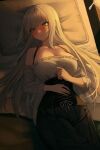  1girl absurdres ame_816 bangs bare_shoulders blue_eyes blush breasts cleavage commentary_request highres korean_commentary long_hair looking_at_viewer lying on_back original partial_commentary pillow skirt solo white_hair 
