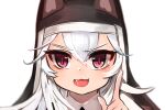  1girl :3 :d animal_ears bangs dokomon eyebrows_visible_through_hair fake_animal_ears fang girls&#039;_frontline hair_between_eyes hand_up index_finger_raised long_hair looking_at_viewer p7_(girls&#039;_frontline) portrait red_eyes simple_background smile solo v-shaped_eyebrows veil white_background white_hair 