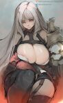  1girl bangs black_legwear breasts cleavage closed_mouth commentary commission english_commentary eyebrows_visible_through_hair gray_bear grey_hair highres jacket large_breasts long_hair long_sleeves looking_at_viewer off_shoulder open_clothes open_jacket original patreon_logo patreon_username red_eyes red_jacket sitting solo thighhighs twitter_logo twitter_username web_address 