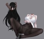  1boy 1girl bangs black_hair black_legwear blank_censor blush breasts camisole censored chinese_commentary closed_mouth commentary_request covered_navel decapitation footjob full_body grey_background guro hair_between_eyes hair_over_one_eye hetero highres holding_head large_breasts long_hair pantyhose partial_commentary penis severed_head simple_background solo_focus the_ring very_long_hair white_camisole yamamura_sadako yeklsa 