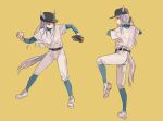  1girl animal_ears ball baseball baseball_cap baseball_mitt baseball_uniform belt black_headwear ears_through_headwear hat highres holding holding_ball horse_ears horse_girl horse_tail leggings long_hair looking_afar marumarukin mejiro_mcqueen_(umamusume) multiple_views pants pitching shirt shoes simple_background sneakers sportswear standing standing_on_one_leg tail umamusume undershirt white_shirt yellow_background 