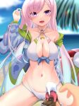  1girl 1other absurdres airani_iofifteen area_15 ball beach beachball cloud firen_inferno food highres hololive hololive_indonesia ice_cream jacket jewelry looking_at_viewer necklace ocean palm_leaf pink_hair pov pov_hands purple_eyes sand swimsuit virtual_youtuber 