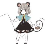  1girl :o animal_ears bangs basket black_footwear black_skirt black_vest blush_stickers capelet crystal dowsing_rod full_body grey_hair holding jewelry layered_clothes long_sleeves mouse mouse_ears mouse_girl mozukuzu_(manukedori) nazrin open_mouth pendant red_eyes shirt shoes short_hair simple_background skirt skirt_set socks solo standing touhou vest white_background white_capelet white_legwear white_shirt 